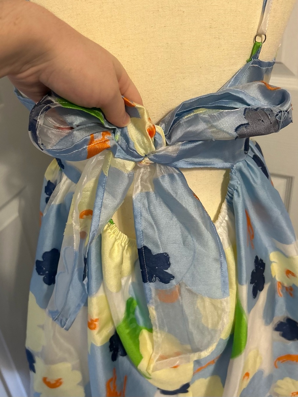 Entro Floral Organza Mini Dress Blue Yellow Tie Back Watercolor Boutique Sz L - Picture 8 of 12